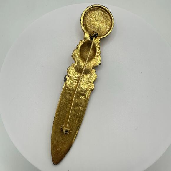 Vintage gold tone Grecco Roman style scabbard dagger cameo face 4" brooch - Picture 6 of 8